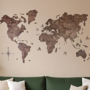 47" X 79" Dark Brown Wood World Map Hanging Dimensional Sculpture