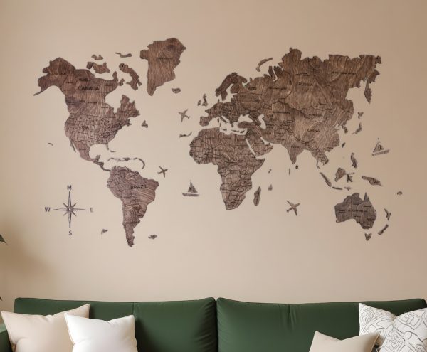 47" X 79" Dark Brown Wood World Map Hanging Dimensional Sculpture