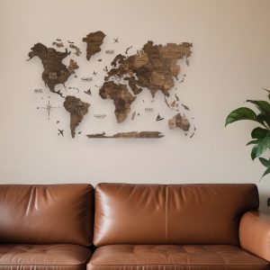 24" X 39" Brown Wood World Map Hanging Dimensional Sculpture