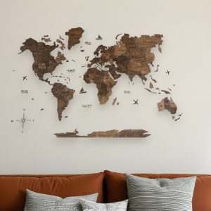 35" X 59" Dark Brown Wood World Map Hanging Dimensional Sculpture