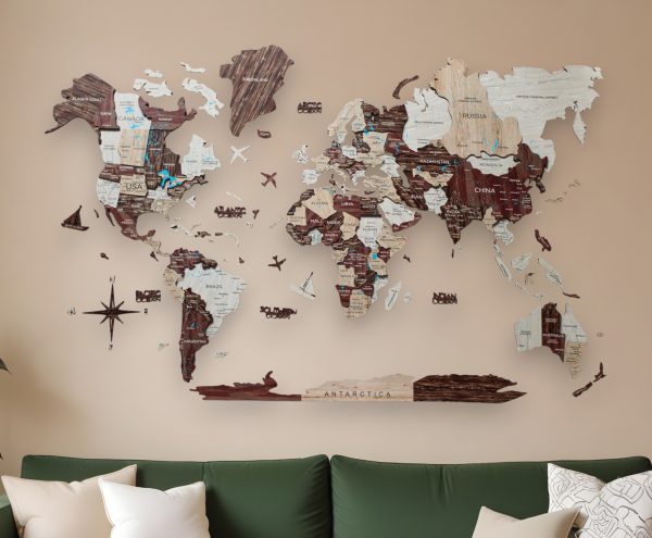 47" X 79" Brown and Beige Wood World Map Hanging Dimensional Sculpture