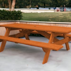 94" Redwood Solid Wood Outdoor Picnic Table with Umbrella Hole