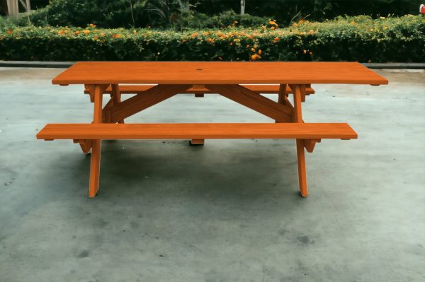 94" Redwood Solid Wood Outdoor Picnic Table with Umbrella Hole - Image 2