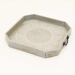 Set Of Two Gray and White Octagon Solid Wood Paisley Handmade Serving Tray With Handles