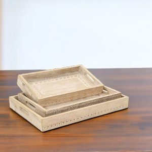 Set of Three White Rectangular Solid Wood Handmade Serving Tray With Handles