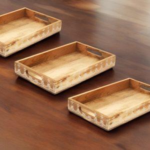 Set of Three Natural Rectangular Solid Wood Floral Handmade Serving Tray With Handles