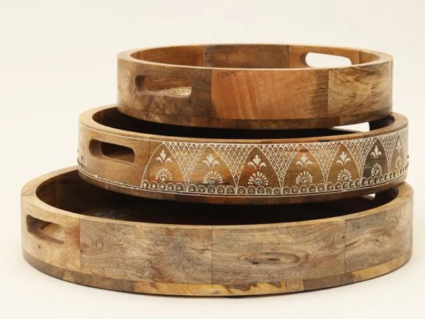 Set of Three Natural Round Solid Wood Floral Indoor Outdoor Handmade Serving Tray With Handles - Image 3