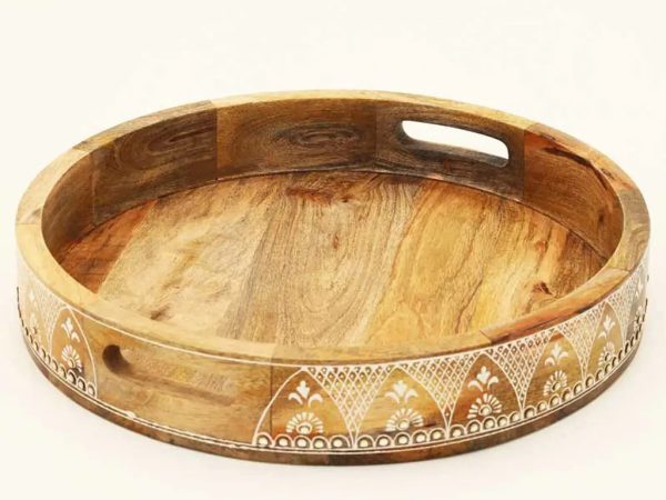 Set of Three Natural Round Solid Wood Floral Indoor Outdoor Handmade Serving Tray With Handles - Image 2