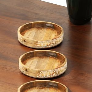 Set of Three Natural Round Solid Wood Floral Indoor Outdoor Handmade Serving Tray With Handles