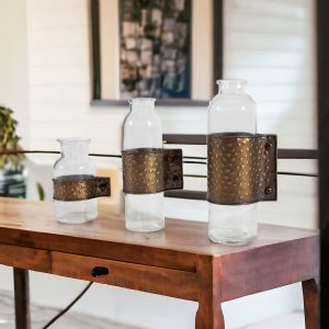 Set of Three Clear and Bronze Hammered Cylinder Metal and Glass Table Vase