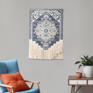 26" X 49" Blue and White Floral Cotton Macrame Hanging Tapestry Wall Decor