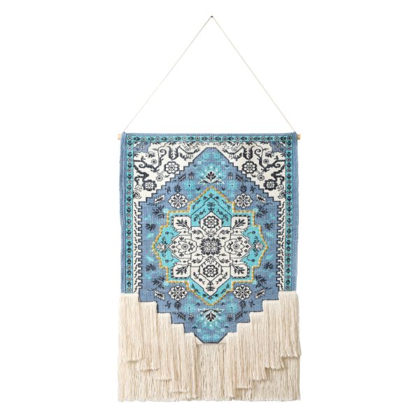 26" X 45" Blue Aqua and Ivory Floral Cotton Macrame Hanging Tapestry Wall Decor - Image 2