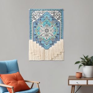 26" X 45" Blue Aqua and Ivory Floral Cotton Macrame Hanging Tapestry Wall Decor