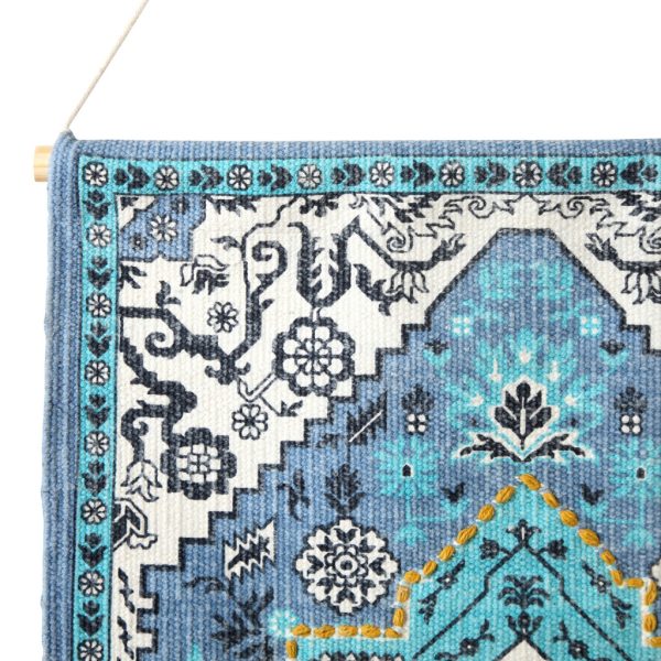 26" X 45" Blue Aqua and Ivory Floral Cotton Macrame Hanging Tapestry Wall Decor - Image 3