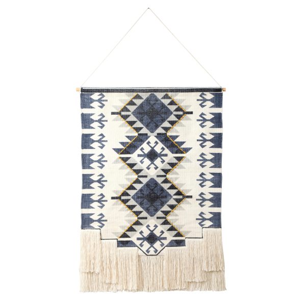 26" X 47" Blue and Off White Southwestern Cotton Macrame Hanging Tapestry Wall Decor - Image 2