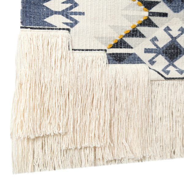 26" X 47" Blue and Off White Southwestern Cotton Macrame Hanging Tapestry Wall Decor - Image 3