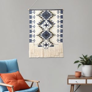 26" X 47" Blue and Off White Southwestern Cotton Macrame Hanging Tapestry Wall Decor