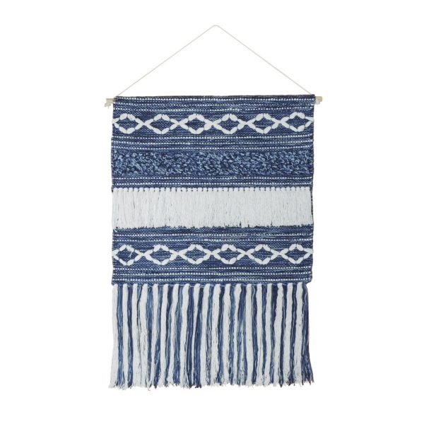 26" X 51" Denim Blue and White Geometric Cotton Macrame Hanging Tapestry Wall Decor - Image 2