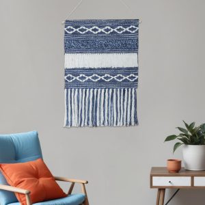 26" X 51" Denim Blue and White Geometric Cotton Macrame Hanging Tapestry Wall Decor