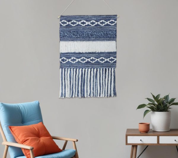 26" X 51" Denim Blue and White Geometric Cotton Macrame Hanging Tapestry Wall Decor