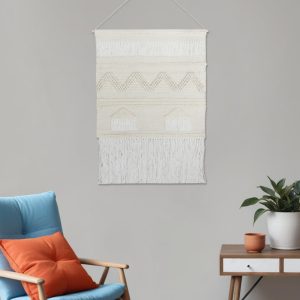 26" X 51" Cream Geometric Cotton Macrame Hanging Tapestry Wall Decor