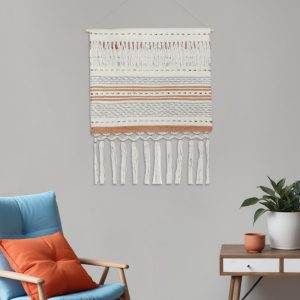 26" X 51" Beige and Rust Geo Stripe Cotton Macrame Hanging Tapestry Wall Decor