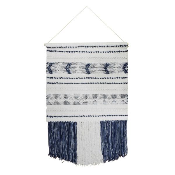 26" X 51" White and Blue Geo Stripe Cotton Macrame Hanging Tapestry Wall Decor - Image 2