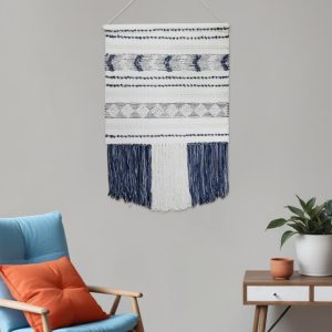 26" X 51" White and Blue Geo Stripe Cotton Macrame Hanging Tapestry Wall Decor