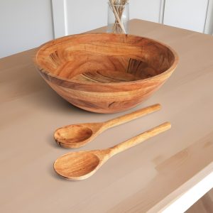 Three Piece Natural Acacia Wood Salad Bowl and Servers Set