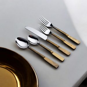 Matte Gold Stainless Steel Five Piece Hand Forged Place Setting