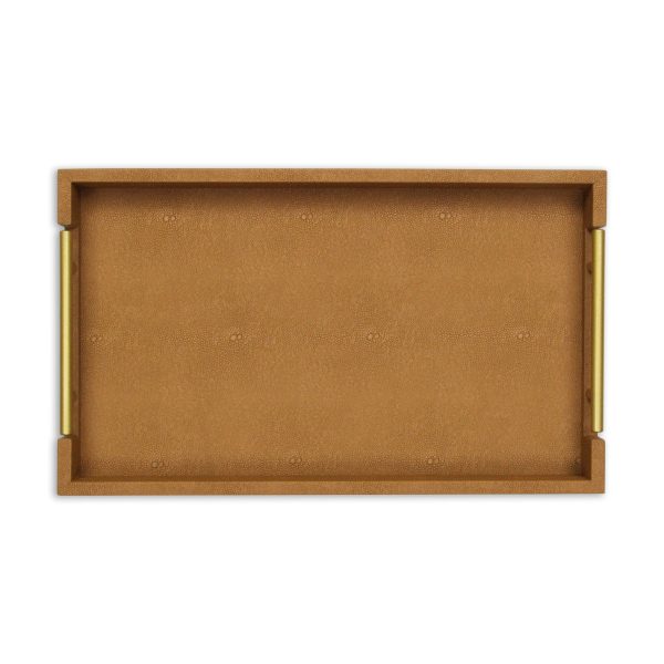 16" Camel Brown Wood Faux Shagreen Serving Tray With Handles - Image 3