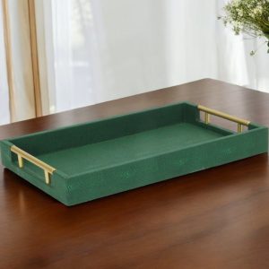 16" Green Wood Wood Faux Shagreen Serving Tray With Handles