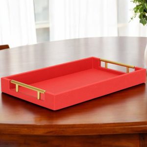 16" Red Wood and Vinyl Faux Shagreen Handmade Serving Tray With Handles