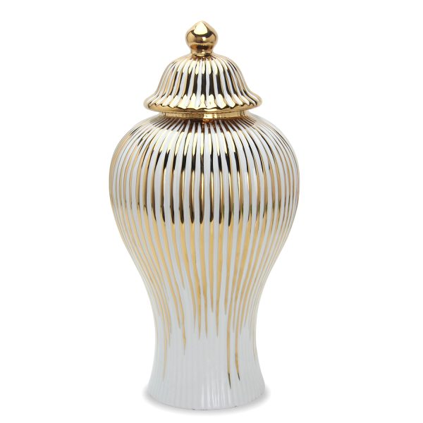 12" White and Gold Striped Urn Ceramic Ginger Jar - Image 2