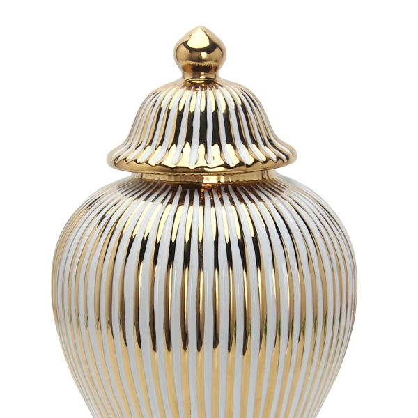 12" White and Gold Striped Urn Ceramic Ginger Jar - Image 3