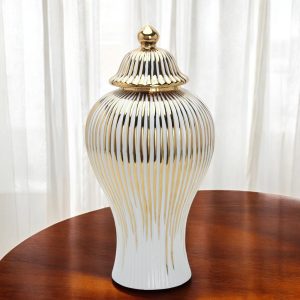 12" White and Gold Striped Urn Ceramic Ginger Jar