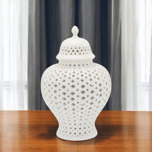 11" White Pierced Ceramic Round Ginger Jar