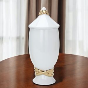 13" White and Gold Abstract Urn Ceramic Ginger Jar