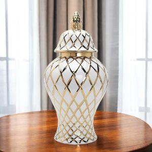 17" White and Gold Geometric Urn Ceramic Ginger Jar