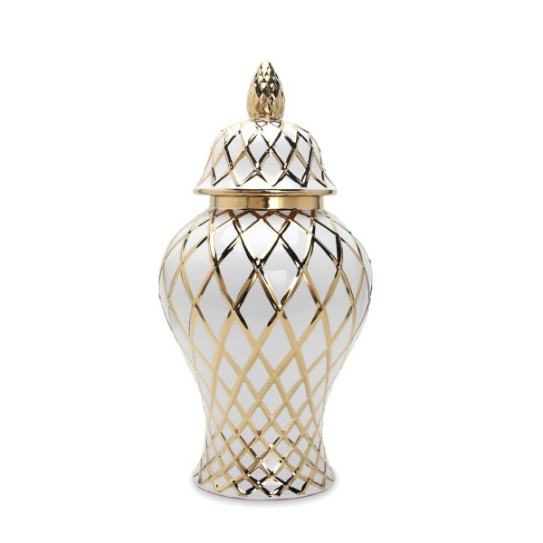 17" White and Gold Geometric Urn Ceramic Ginger Jar - Image 2