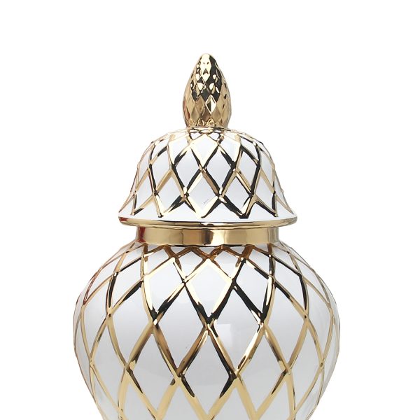 17" White and Gold Geometric Urn Ceramic Ginger Jar - Image 3