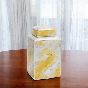 11" Gray and Gold Abstract Square Ceramic Ginger Jar