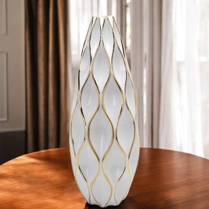 25" White and Gold Ceramic Geometric Wavy Table Vase