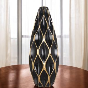 24" Black and Gold Ceramic Geometric Wavy Table Vase