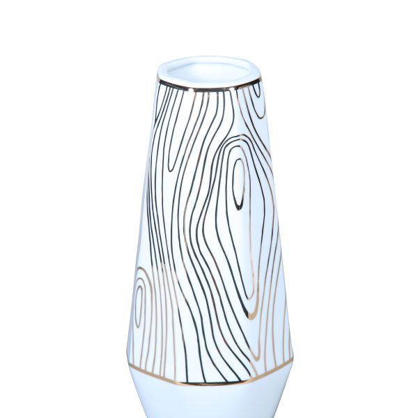 15" White and Gold Faux Bois Cylinder Ceramic Table Vase - Image 3