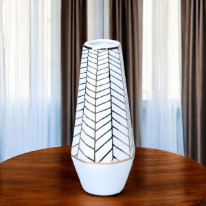 10" White and Gold Geometric Cylinder Ceramic Table Vase