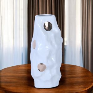 14" White and Gold Polka Dots Wavy Ceramic Table Vase