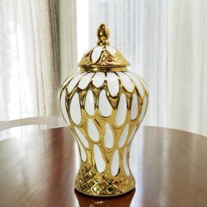 13" White and Gold Abstract Urn Ceramic Ginger Jar