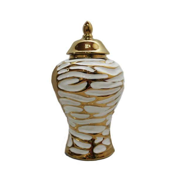 13" White and Gold Abstract Urn Ceramic Ginger Jar - Image 2