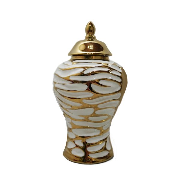 13" White and Gold Abstract Urn Ceramic Ginger Jar - Image 3